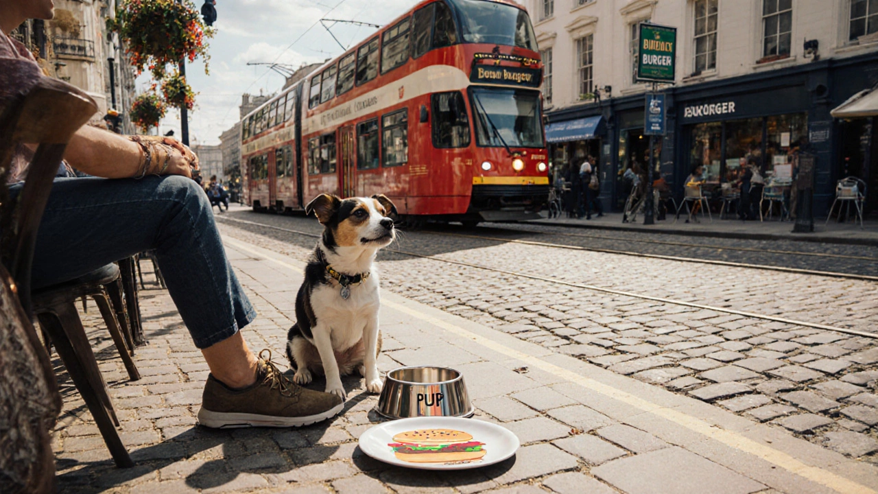 Dog sitting on a pub terrace with a water bowl and food plate in a city harbor setting.