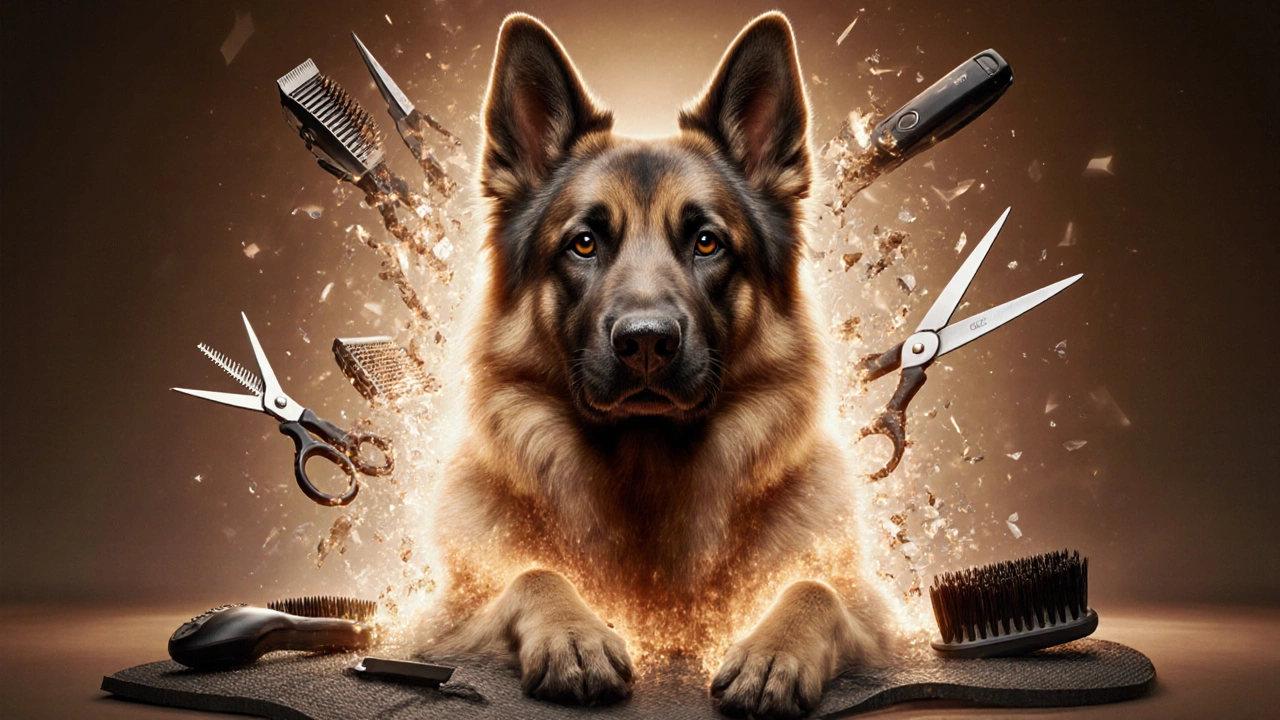 Double-coated dog protected by glowing fur, with grooming tools broken nearby.