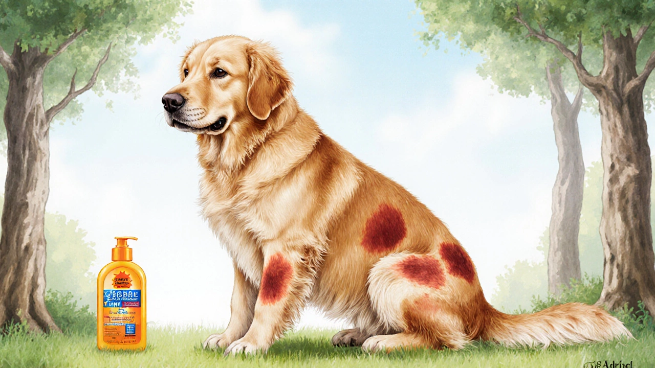 Golden Retriever with patchy, damaged coat after shaving, sunburned skin visible.
