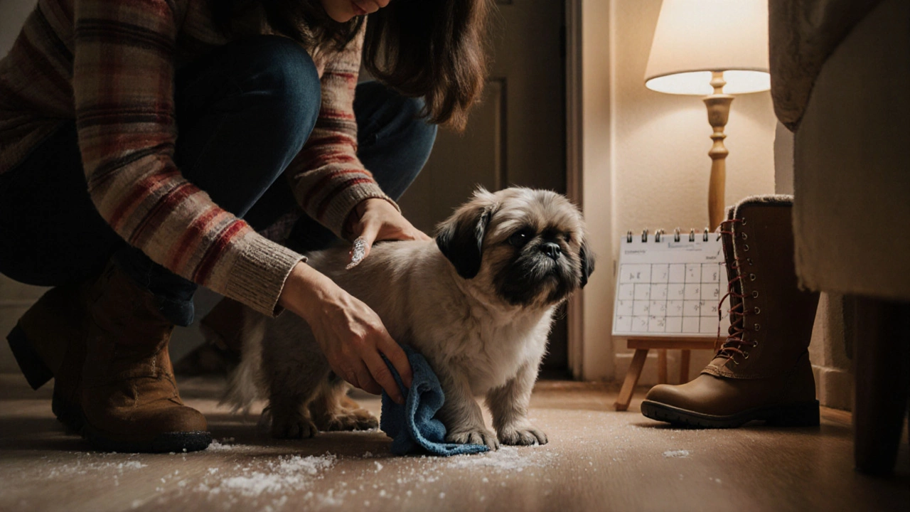 Owner wiping a dog&#039;s paws after a winter walk, damp cloth in hand, home interior in background.
