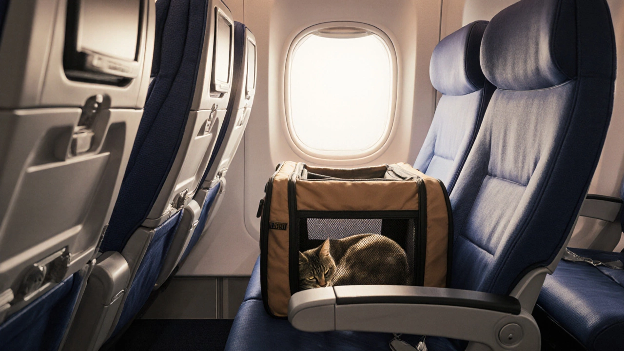 Pet carrier sliding under airplane seat with cat inside, viewed from passenger seat perspective.