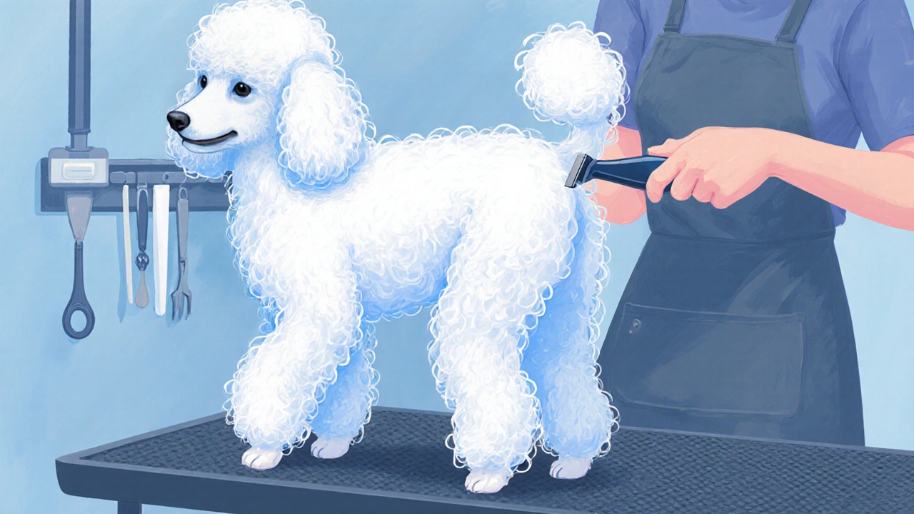 Professional groomer trimming a Poodle&#039;s curly coat with clippers on a grooming table.