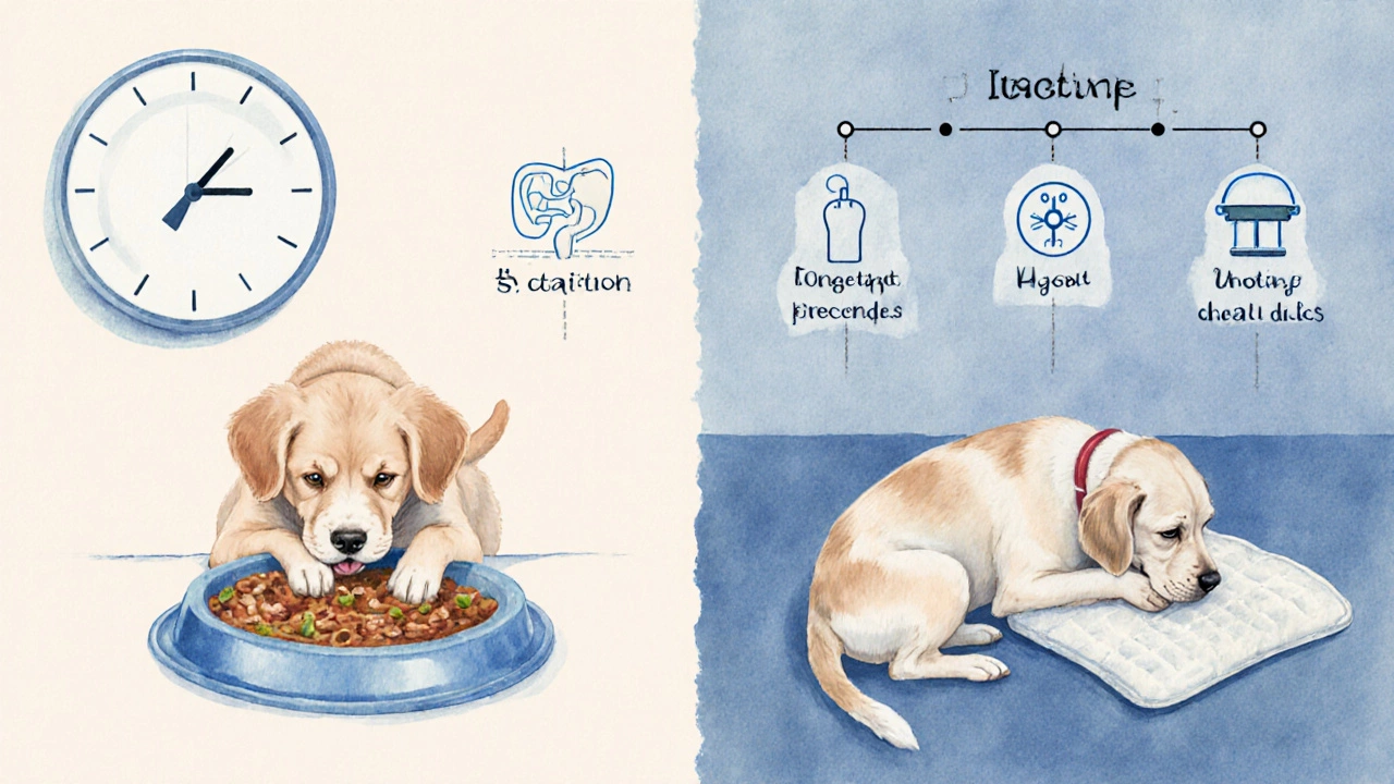 Puppy and senior dog eating at different times with digestive health symbols.