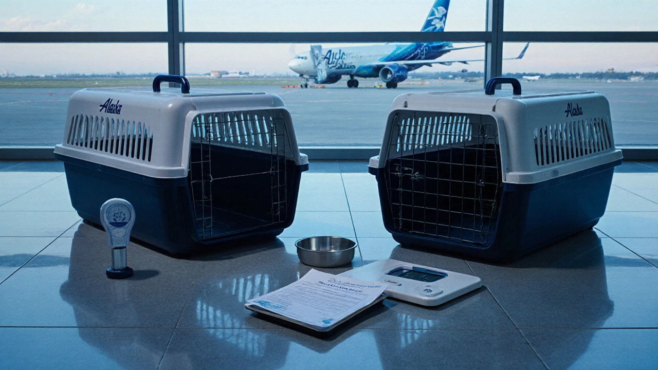 Side-by-side comparison of largest and standard pet carriers with weight scale and travel essentials.