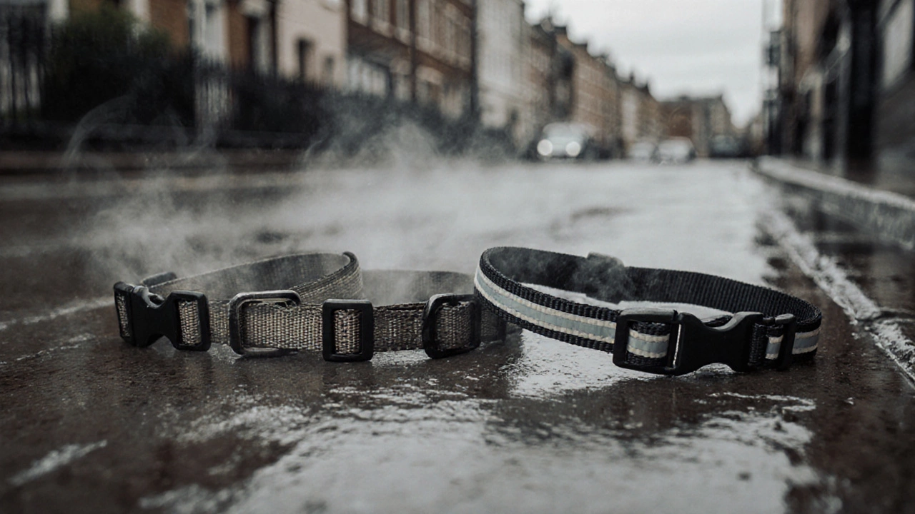 Three dog collars on wet pavement: damaged ones and a new safe one