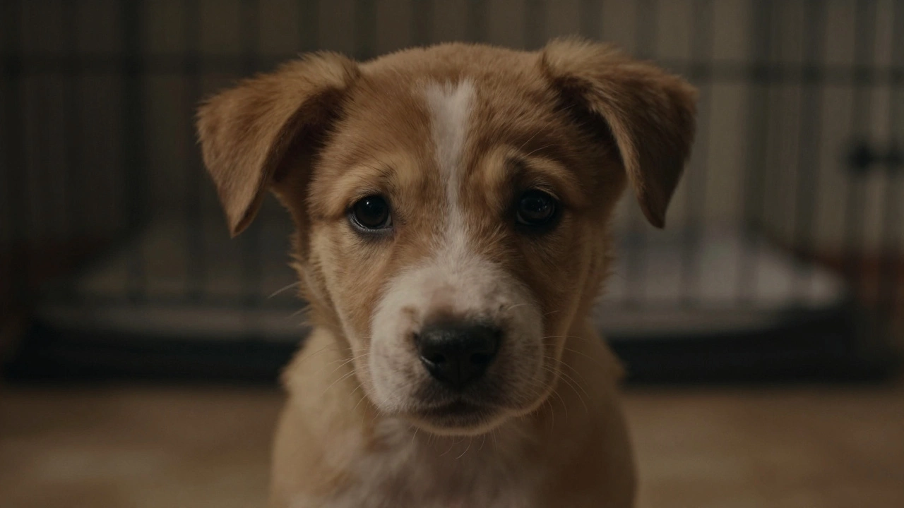A close-up of a crying puppy in dim light, ears raised, surrounded by darkness.