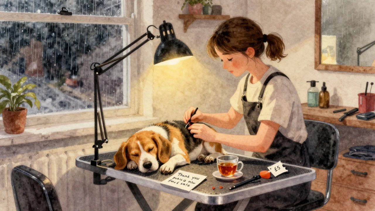 A groomer works late with a sleepy dog, a note and tea beside her on the counter.