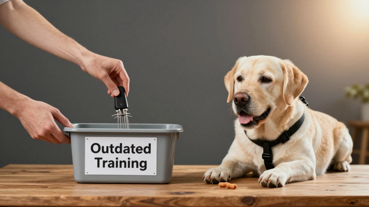 A hand placing a prong collar in a trash bin while replacing it with a harness and treat on a table.