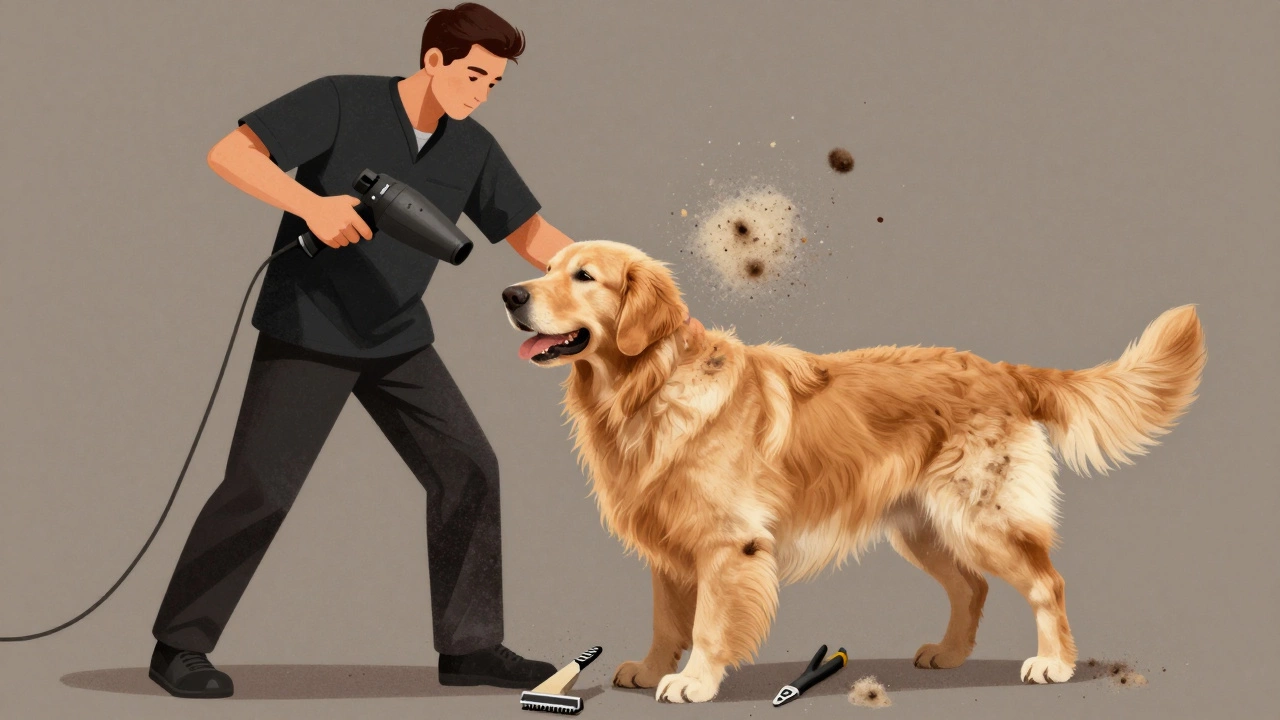 A professional groomer drying and trimming a Golden Retriever during heavy shedding season.