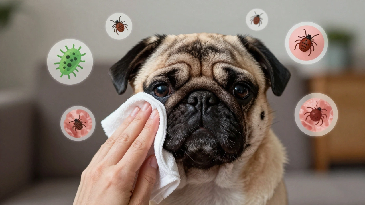 A Pug’s facial wrinkles being cleaned, with health risk icons floating around.
