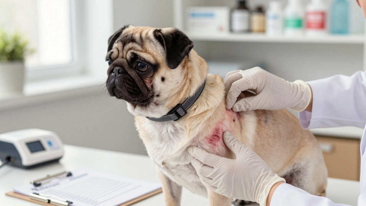 A Pug with neck irritation caused by a tight collar, being examined by a veterinarian.