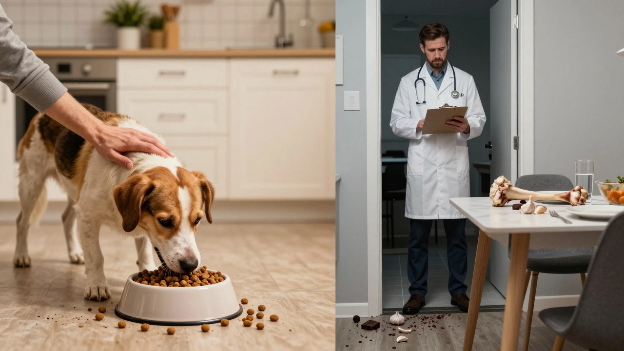A split kitchen scene: one side shows a dog eating safe food with its owner, the other shows dangerous human food on the floor.