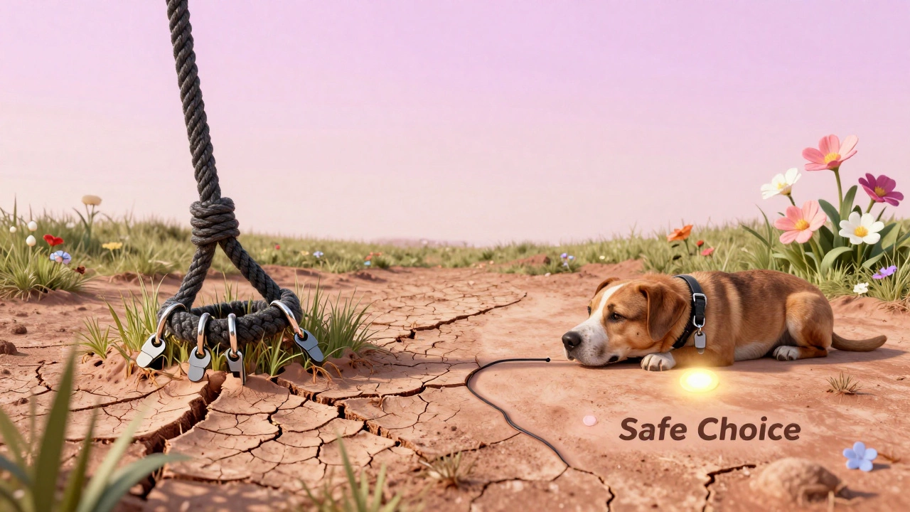 A symbolic comparison of a harmful collar versus a safe breakaway collar with microchip.