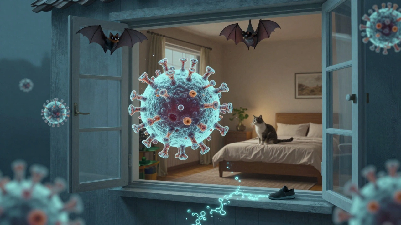 A virus particle drifting through a window toward a cat, with a bat outside and pathogen trails on the floor.