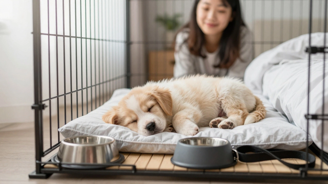 A young dog sleeps peacefully in its crate as morning light enters the room.