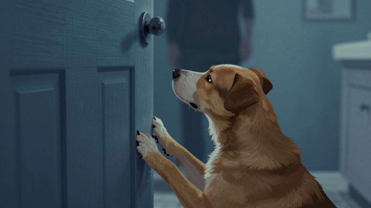 An anxious dog scratching at a bathroom door with light seeping underneath.