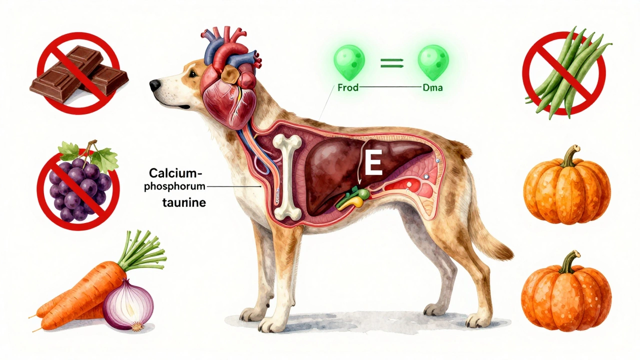 An artistic anatomical illustration showing essential nutrients for dogs alongside toxic foods marked with warning symbols.