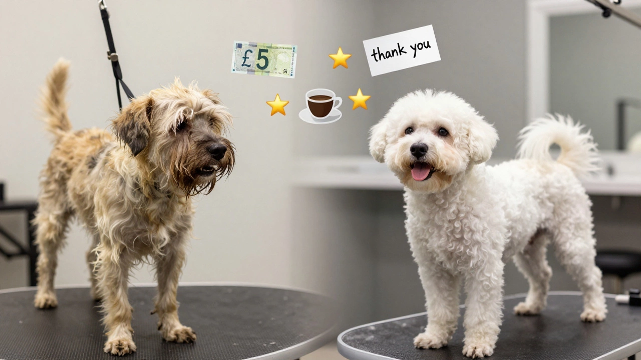 Before and after of a dog with appreciation symbols floating between them.