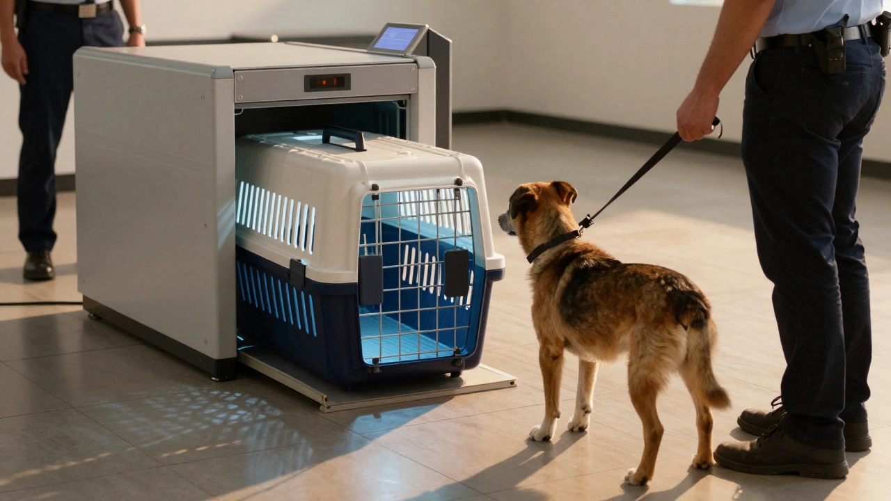 Dog carrier passing through airport X-ray machine while handler holds dog on leash.