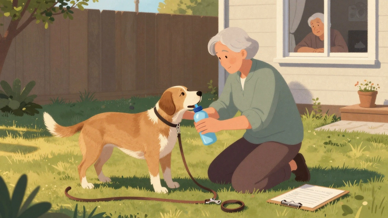 Dog walker kneeling beside an anxious dog in backyard, offering water with handwritten notes nearby.