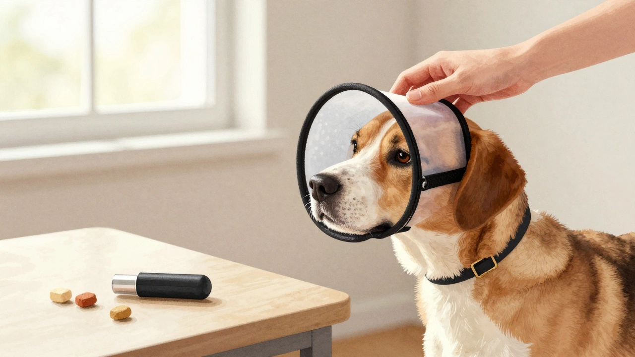 Hand introducing a head halter to a curious dog with treats and clicker nearby.