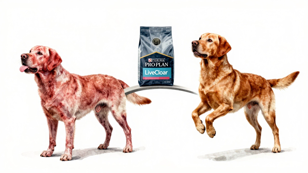 Itchy dog transforming into healthy dog with Purina food as a bridge