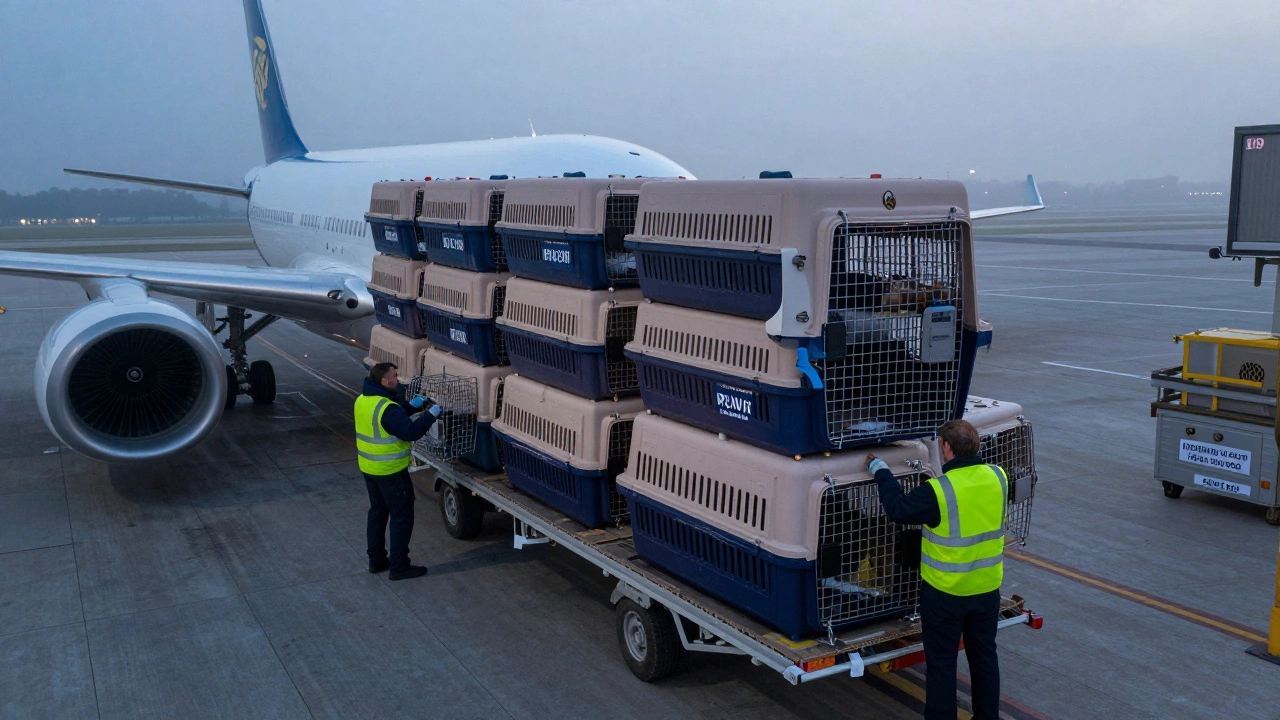 Large pet crate being loaded onto cargo plane at airport