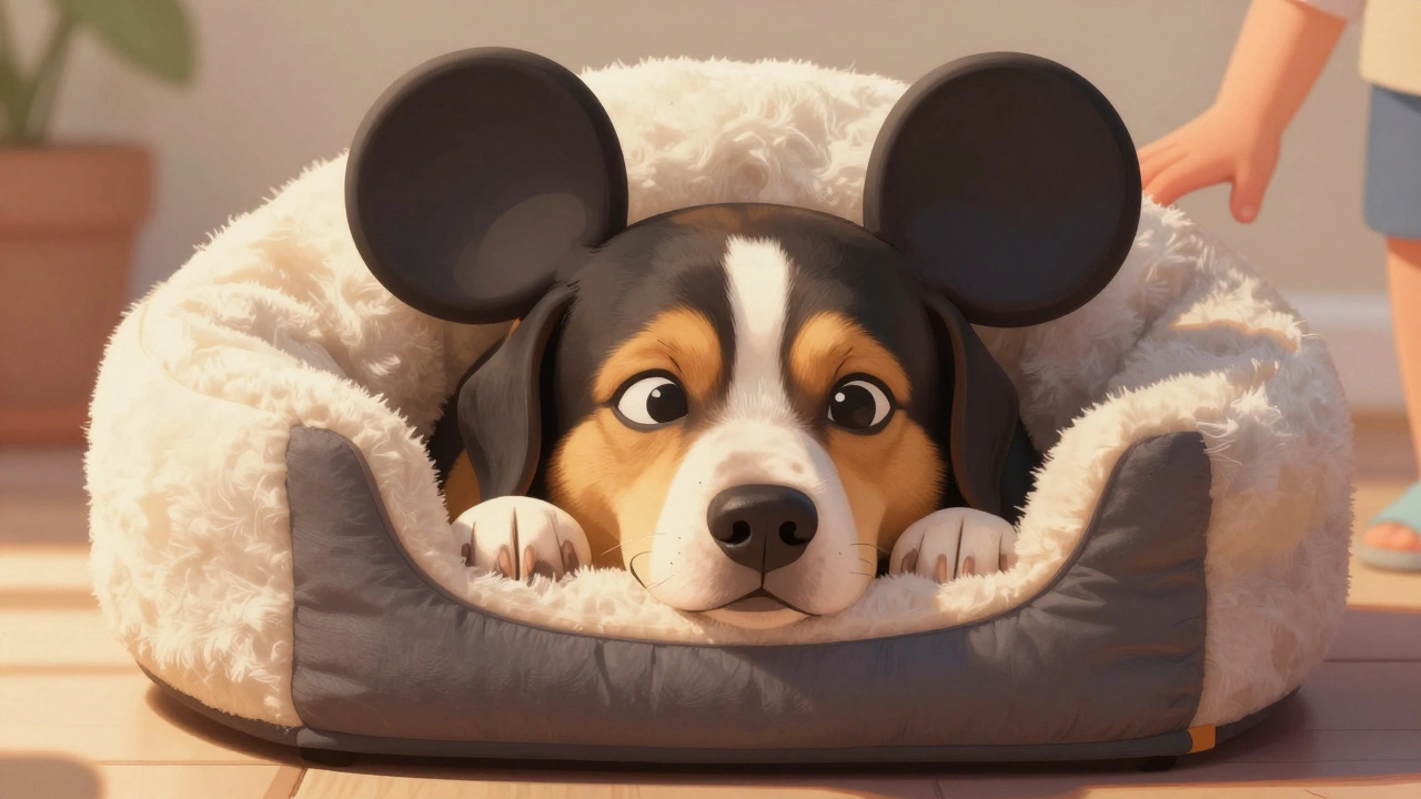 Rescue dog napping peacefully in a licensed Mickey dog bed, feeling secure and comforted.