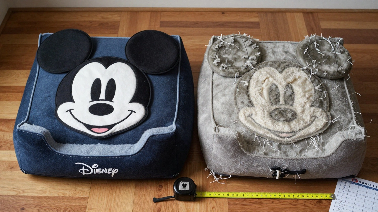 Side-by-side comparison of a high-quality licensed Mickey dog bed and a worn-out knockoff.