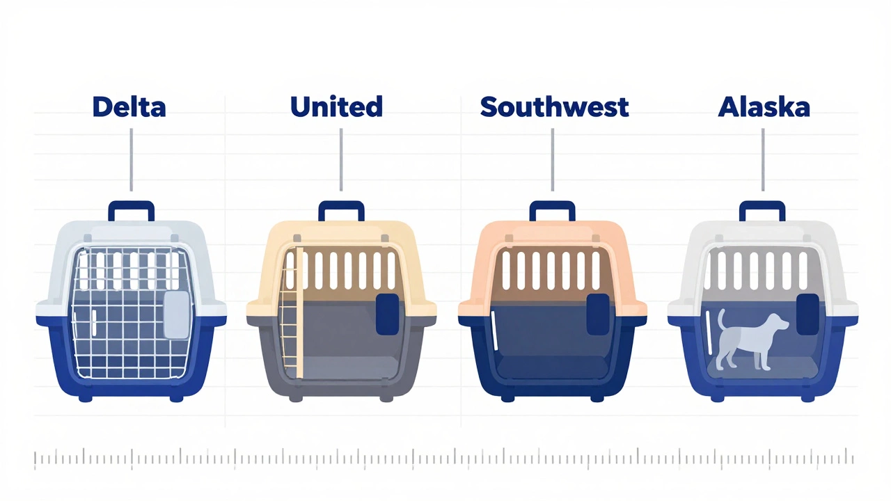 Side-by-side comparison of airline-approved dog carriers with internal dimensions labeled.