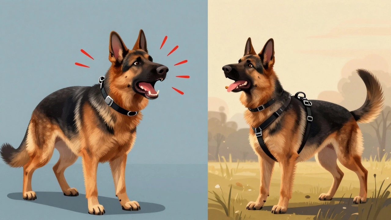 Split image: a dog in pain with a prong collar versus the same dog happy and relaxed in a front-clip harness.