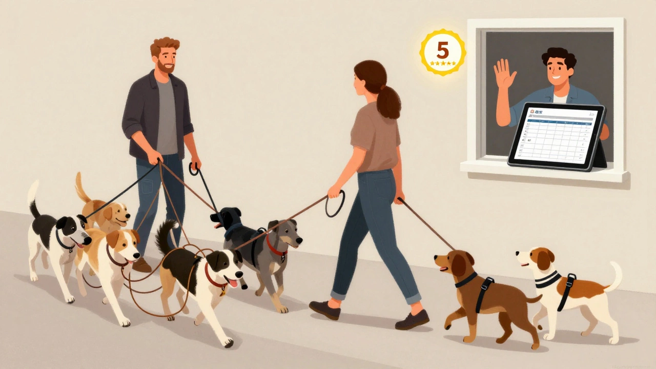 Split image: chaotic dog walk vs. calm professional walk with digital log and happy client.