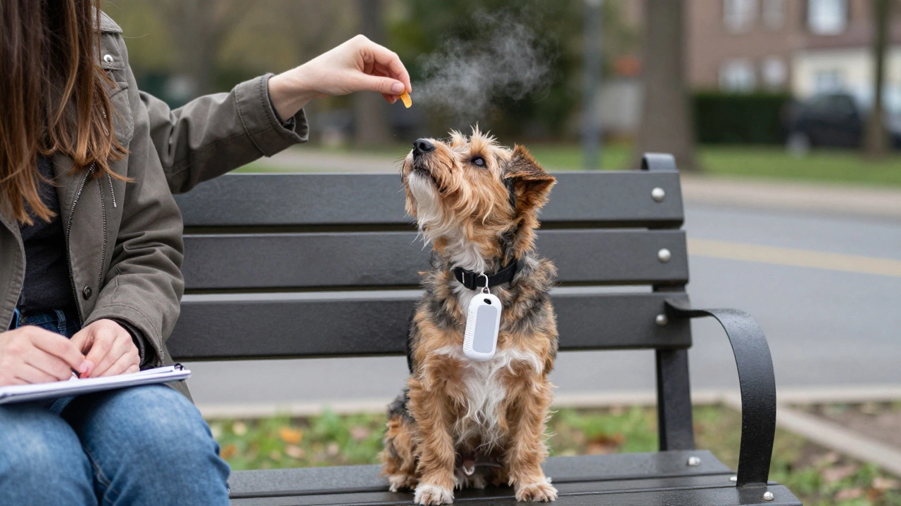 Terrier looking attentively at owner while citronella collar releases a gentle spray.