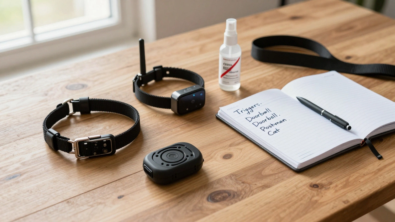 Three anti-bark collars on a table with a notebook listing triggers, citronella spray crossed out.
