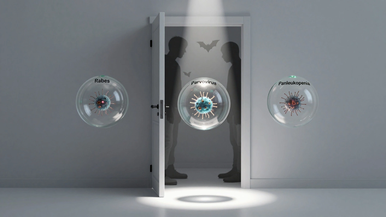 Three transparent orbs labeled with deadly pet diseases, hovering above a pet carrier as a door slightly opens.