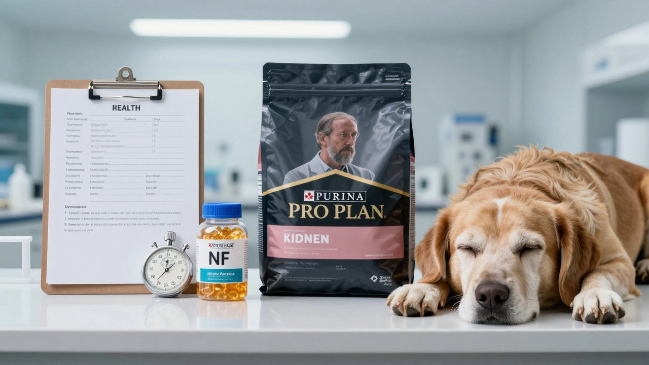 Veterinary lab with Purina kidney diet and health metrics supporting longevity