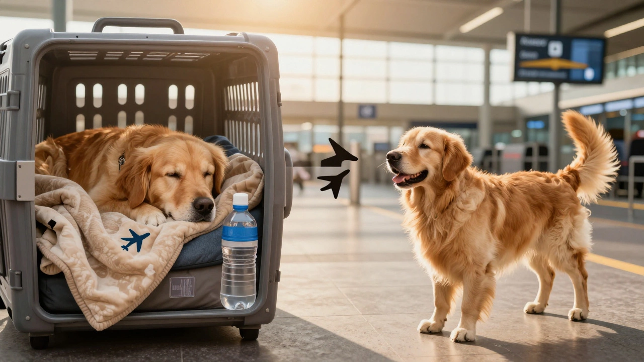 A calm dog in a crate on one side, same dog happily reunited at baggage claim on the other, symbolizing a safe journey.