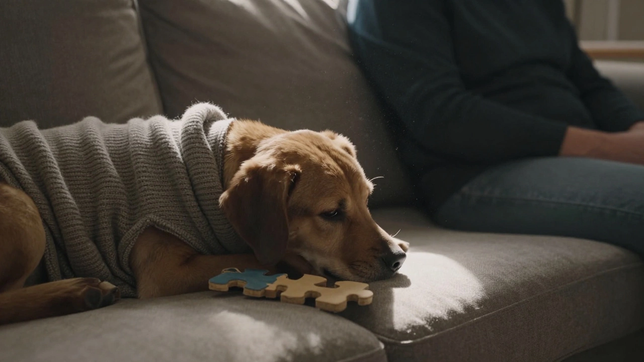 A dog rests its head on a worn sweater left on the couch, surrounded by quiet home details.