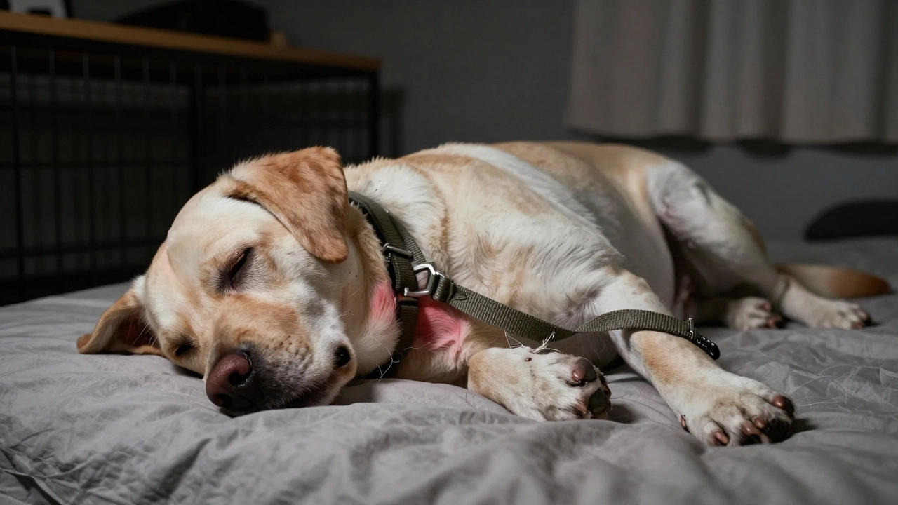 A dog tangled in bedding with redness on its neck, showing collar hazard risks.