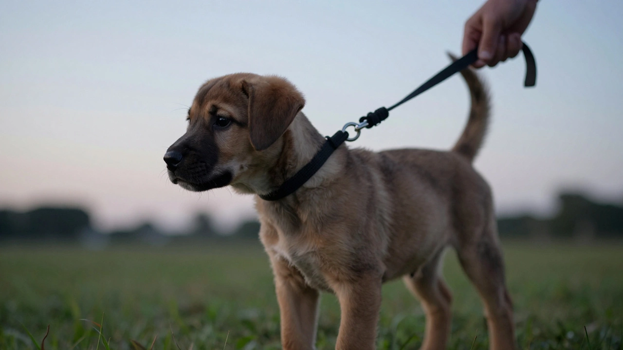 A puppy being quietly walked on a leash outside at dusk.