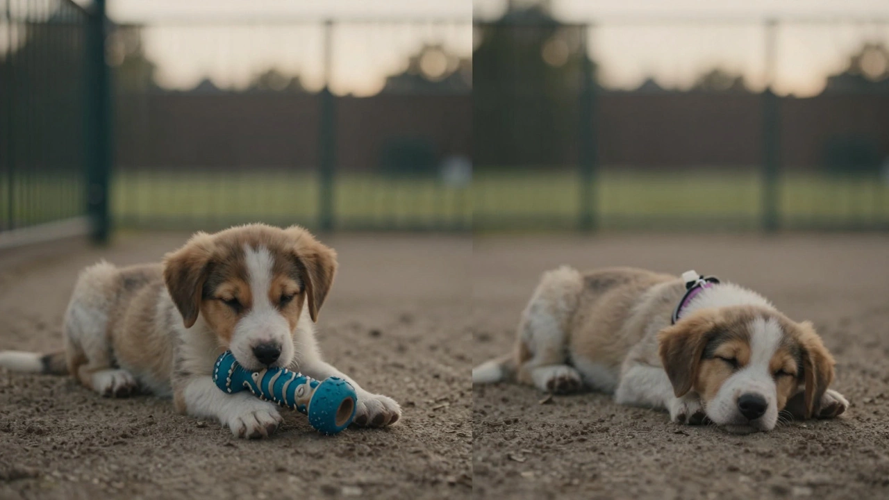 A puppy chewing calmly on one side, sleeping deeply on the other.