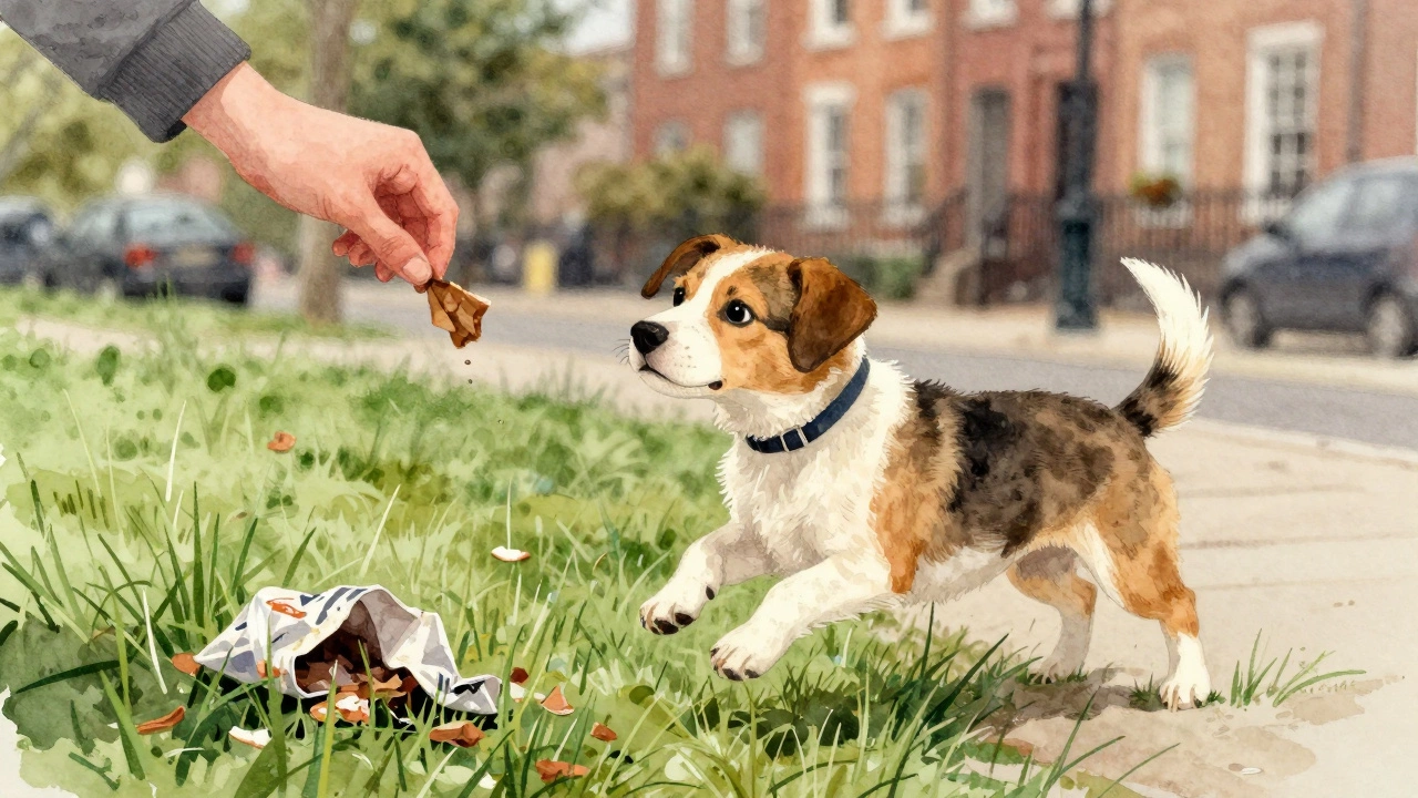 A puppy happily jumping for a treat, ignoring a pile of trash nearby.