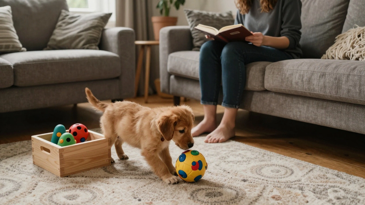 A puppy playing with a puzzle toy while owner reads nearby.