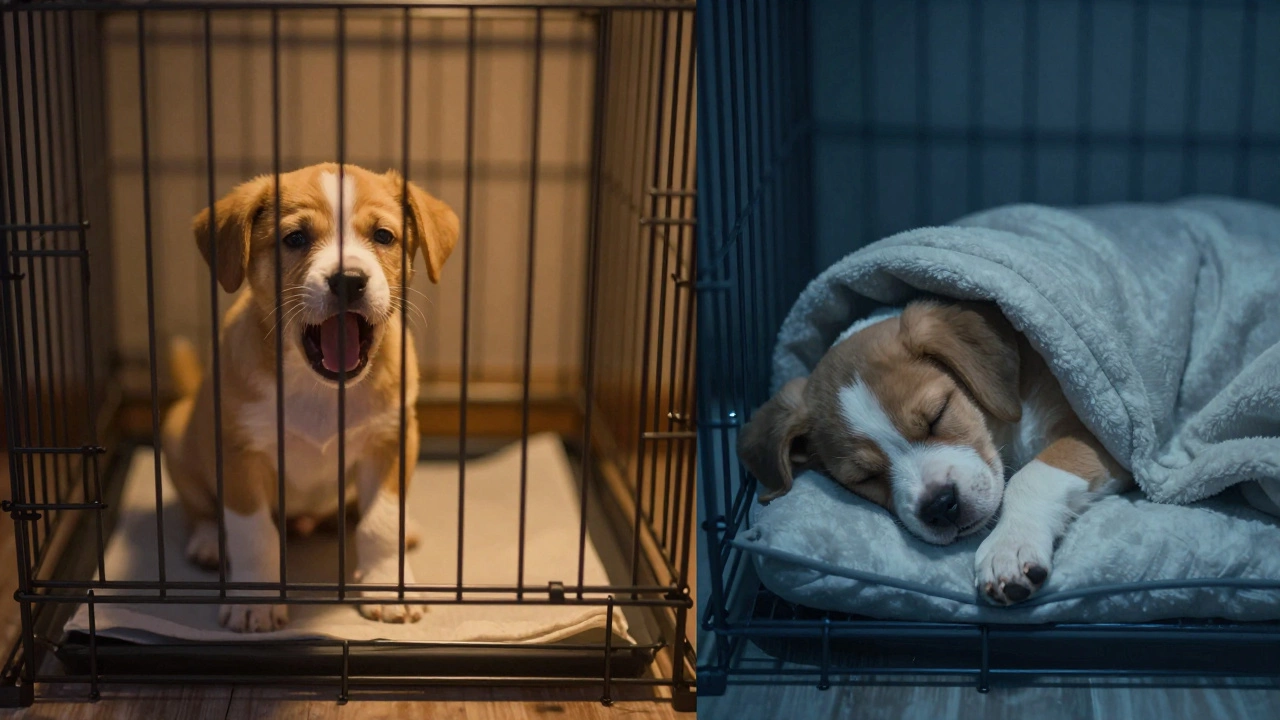 A split image showing a puppy awake and whining at 3 a.m. versus sleeping soundly at 8 p.m.