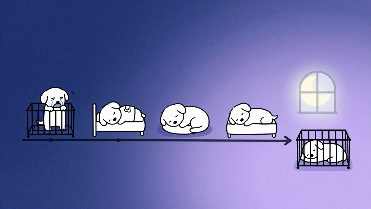 A visual timeline showing a puppy gradually sleeping more peacefully over seven nights in a nearby crate.
