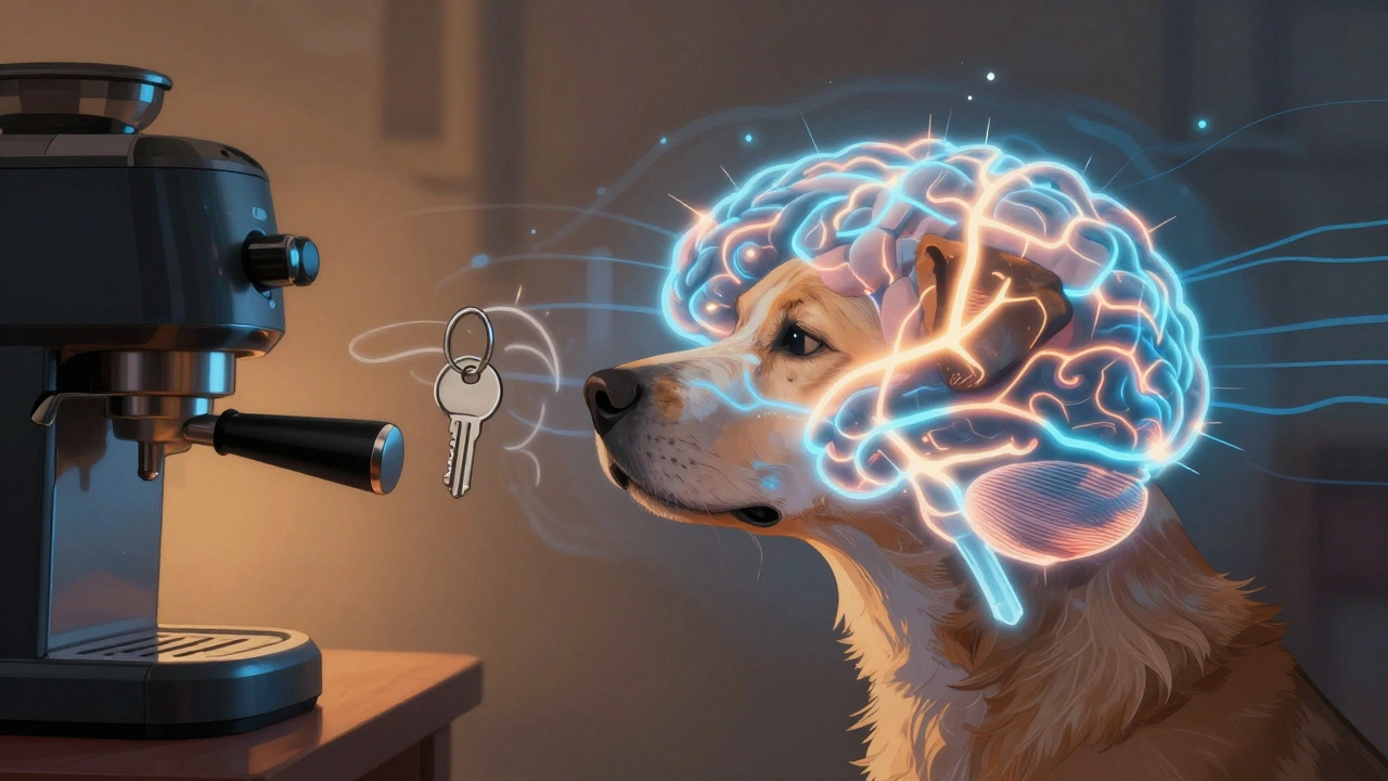 An abstract illustration showing a dog's brain lighting up with emotional responses to departure cues.