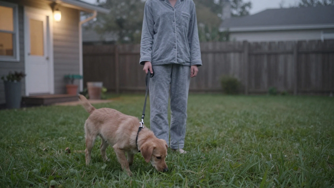 An owner walking a calm puppy outside at night for a quiet potty break under soft porch light.