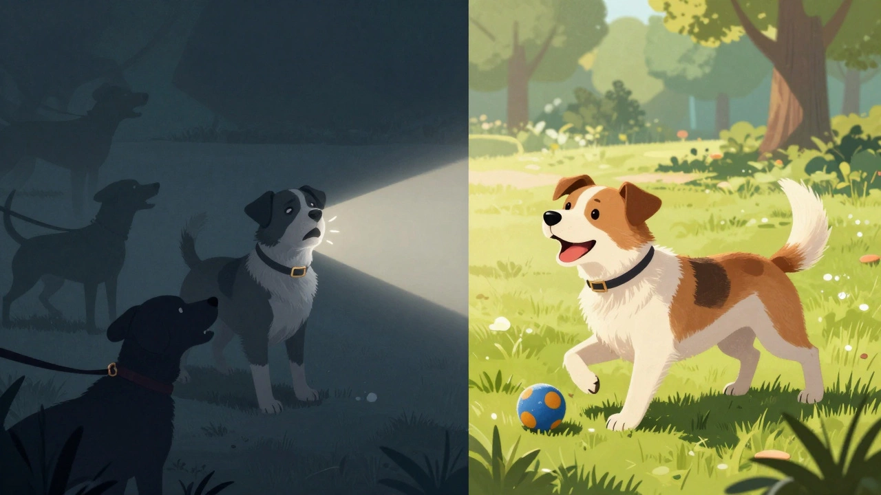 Before and after: a scared dog versus a happy dog playing in a park.