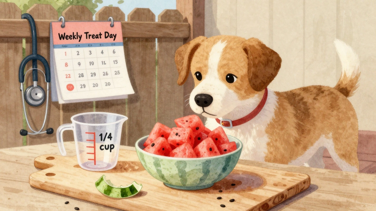 Dog beside a bowl of diced watermelon with discarded rind and seeds on a cutting board.
