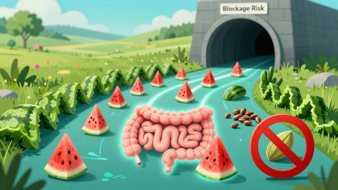 Safe watermelon pathway versus blocked digestive risk in stylized medical illustration.